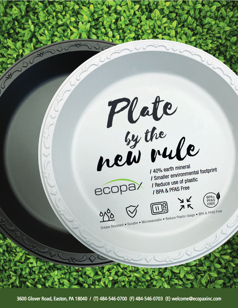 Flyer cover of Ecopax's PP plates in Black and Ivory color against green grass background