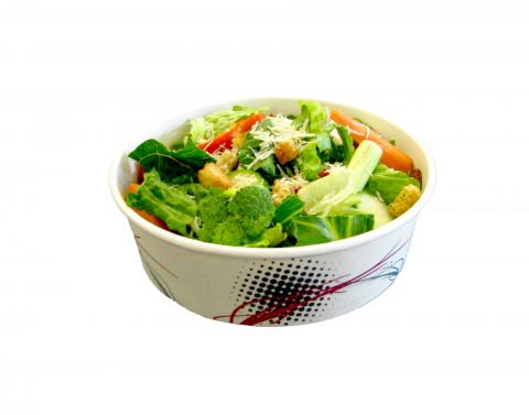 Ecopax Athena Round paper bowl takeout container with green healthy vegetables salade inside
