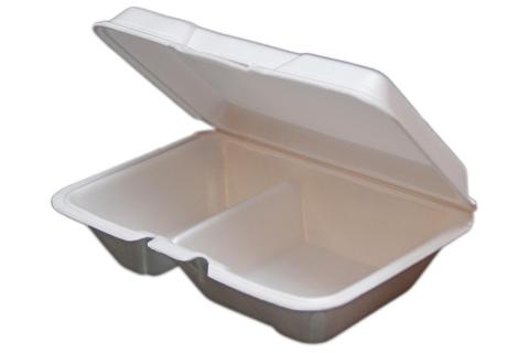 White non-vented hinged foam takeout disposable container with 2 compartments
