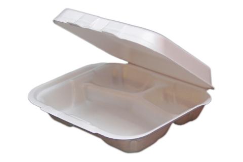White non-vented double tab hinged foam takeout disposable container with 3 compartments