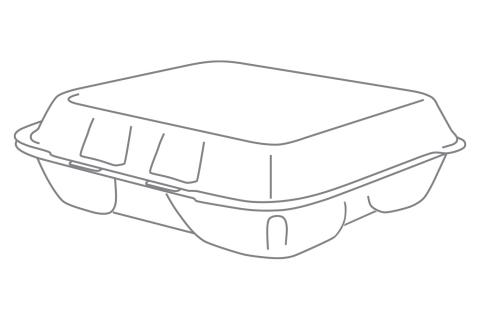 Line art illustration of white non-vented hinged foam takeout disposable container