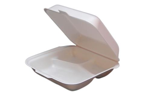 White non-vented hinged foam takeout disposable container with 3 compartments