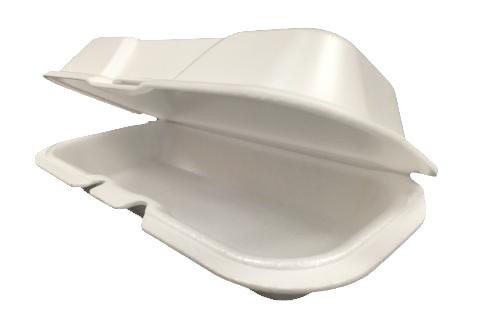 White non-vented hinged foam takeout disposable container for hot dog