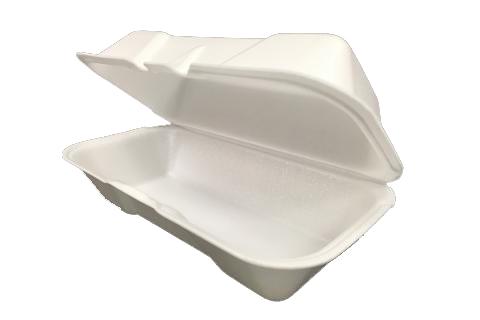 White hoagie non-vented hinged foam takeout disposable container for hot dog