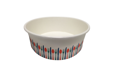 Stock print spoon fork knif color takeout container 24 oz size Athena paper bowl by Ecoapx Inc