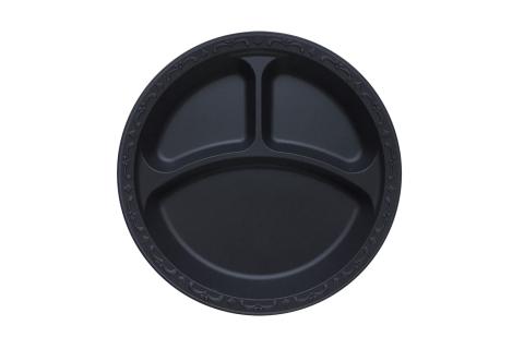 Black Polypropylene PP Plastic round 9 inches pebble box plate with 3 compartments