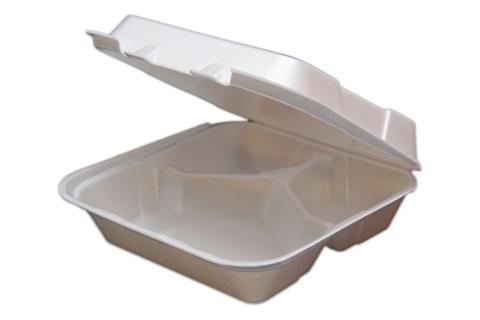 8 inches Regal brand white vented hinged foam takeout disposable container with 3 compartments